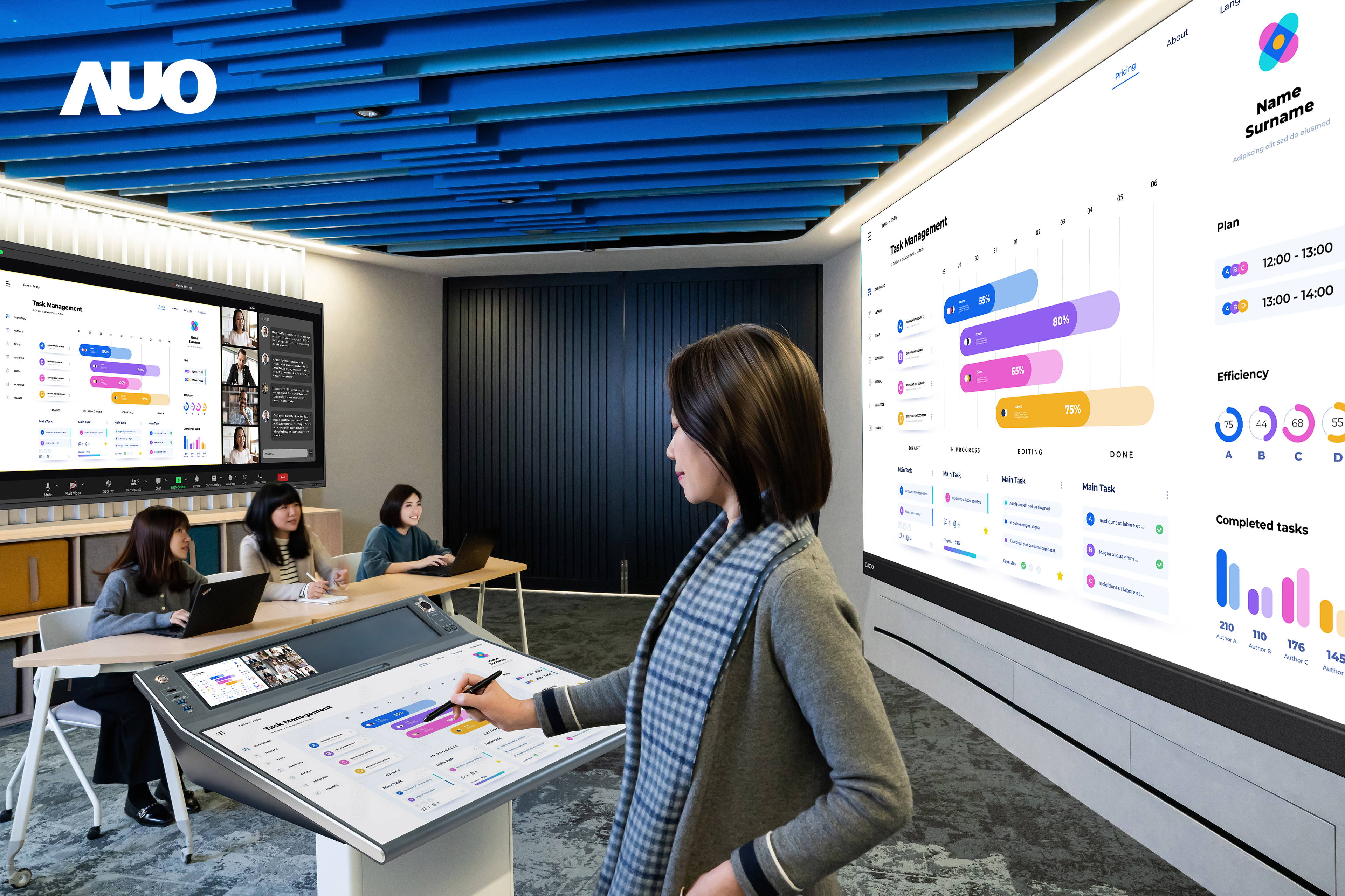 達(dá)擎攜手Avocor與Rise Vision展示全方位商務(wù)領(lǐng)域應(yīng)用，包含採用模組化設(shè)計的138吋一體式All-in-One LED顯示器及具21:9超寬比例的92吋互動式電子白板（IFPD），講者可輕鬆分享內(nèi)容，有效提升會議協(xié)作效率。